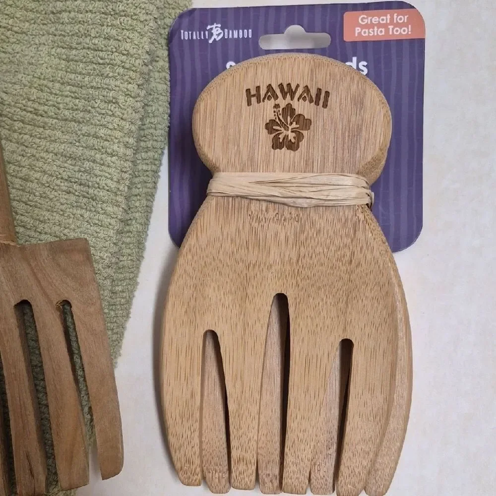 4 Pc Natural Bamboo & Wood Kitchen Set - 2 Salad Hands, Fork & Dish towel NWT